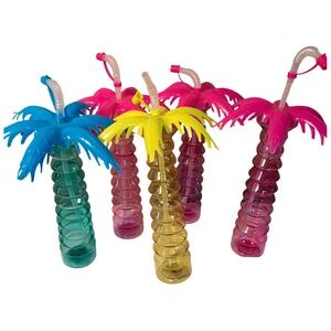 Set of 6 Palm Tree Cups Tumblers with Straws Tropical Beach Party Drinks